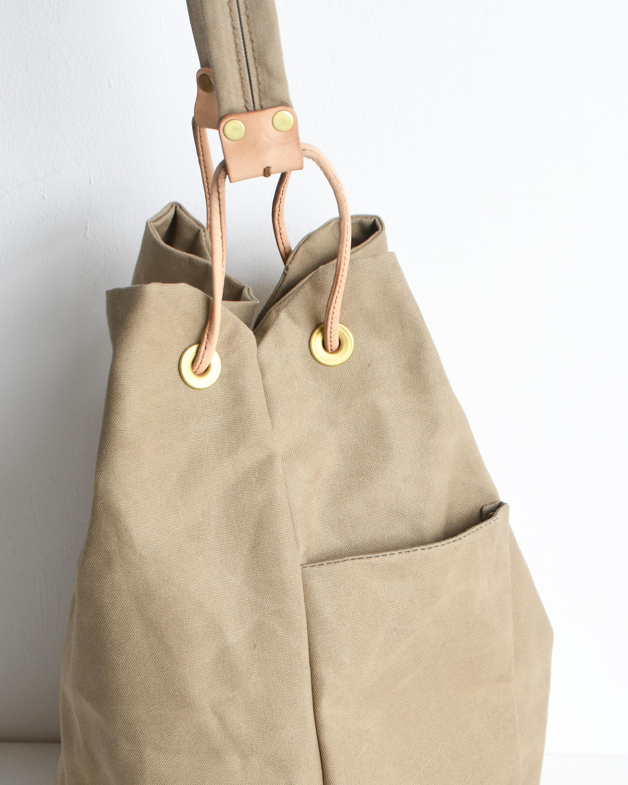 DUPEAURT/デュポー/巾着丸底2wayワンショルダーバッグ/本ヌメ革パーツ/パラフィン防水帆布/カーキベージュ | 13枚目