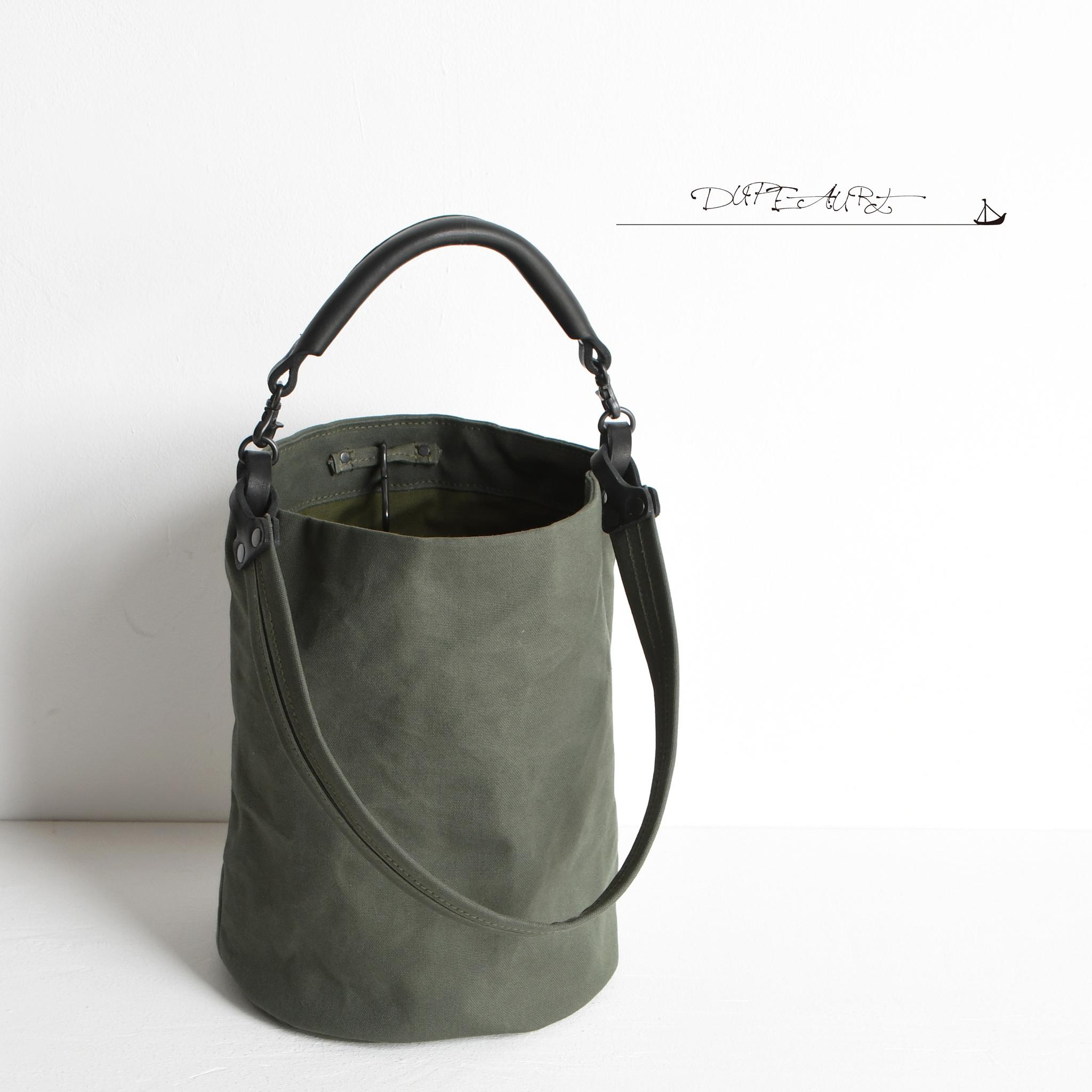 DUPEAURT/デュポー/本ヌメ革ハンドルの付いた2wayバケツ型トート/防水帆布/丸底/ミリタリー | 4枚目