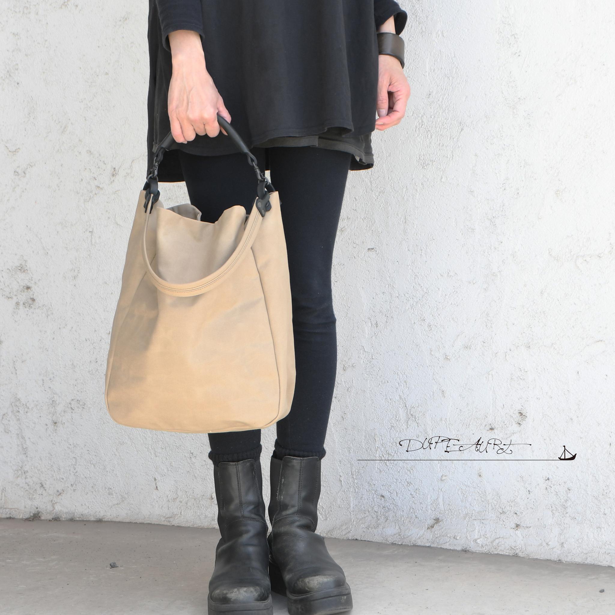 DUPEAURT/デュポー/本ヌメ革ハンドルの付いた2wayワンショルダーバッグ/防水綿帆布/A4対応/カーキベージュ | 4枚目