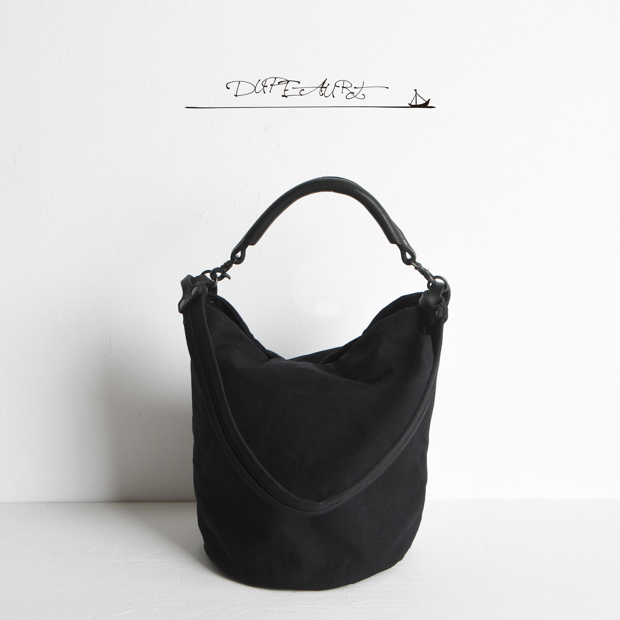 DUPEAURT/デュポー/本ヌメ革ハンドルの付いた2wayバケツ型バッグ/防水帆布/丸底/ブラック | 8枚目