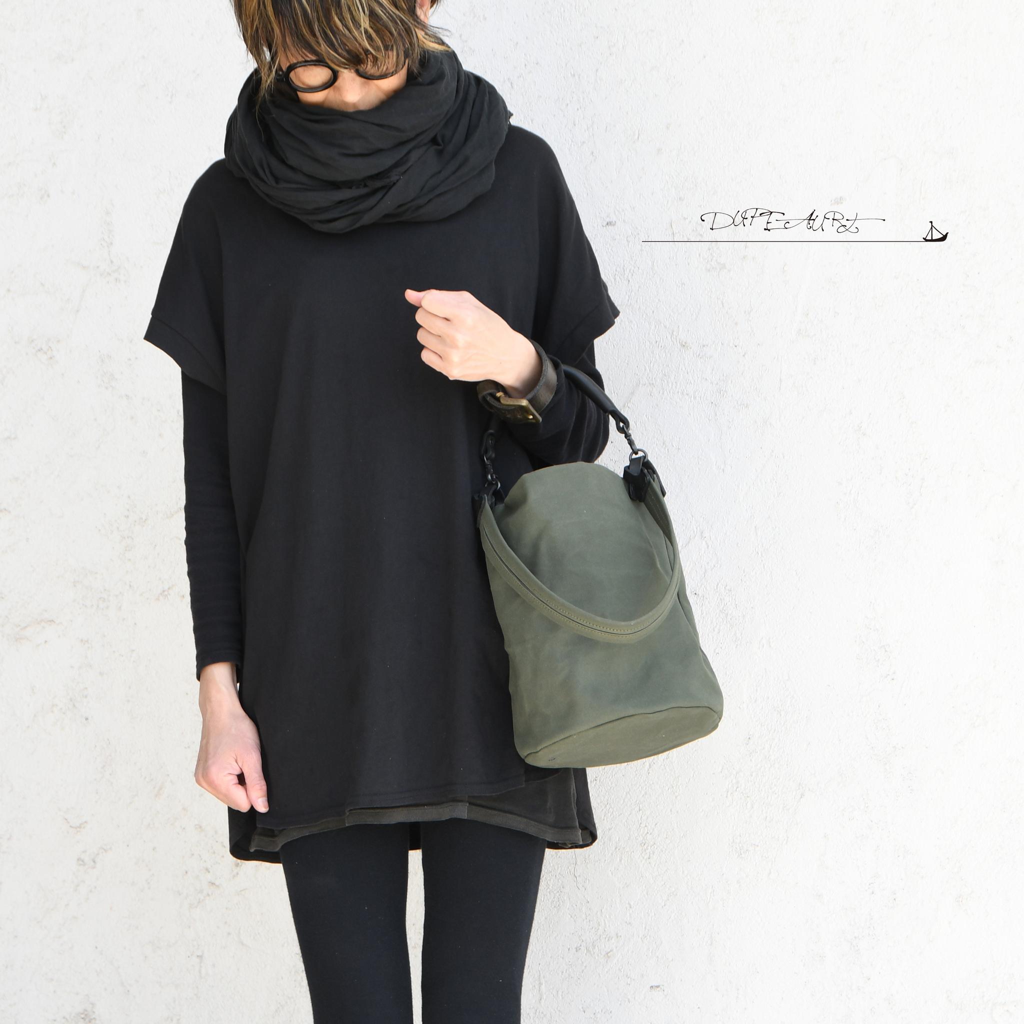 DUPEAURT/デュポー/本ヌメ革ハンドルの付いた2wayバケツ型トート/防水帆布/丸底/ミリタリー