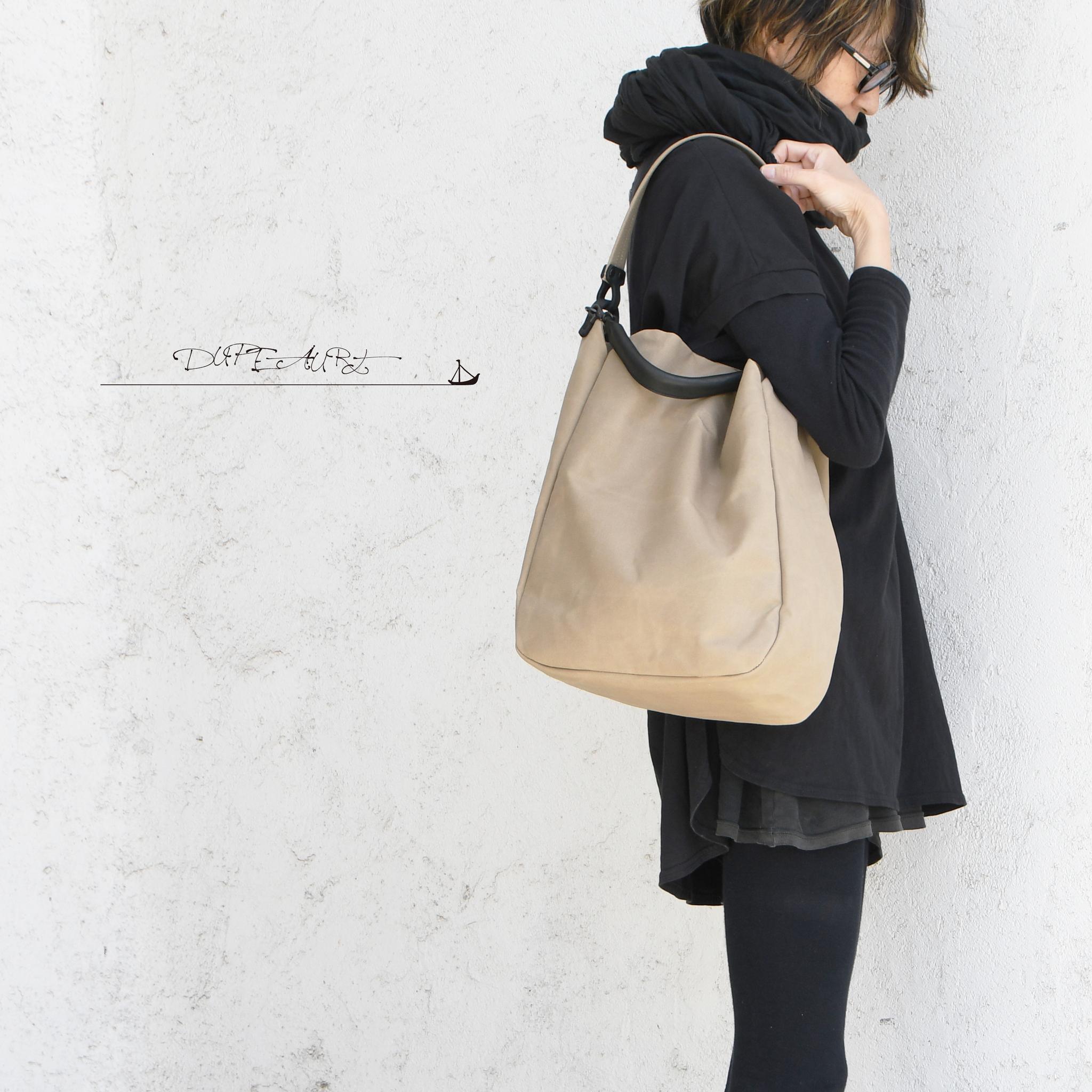 DUPEAURT/デュポー/本ヌメ革ハンドルの付いた2wayワンショルダーバッグ/防水綿帆布/A4対応/カーキベージュ