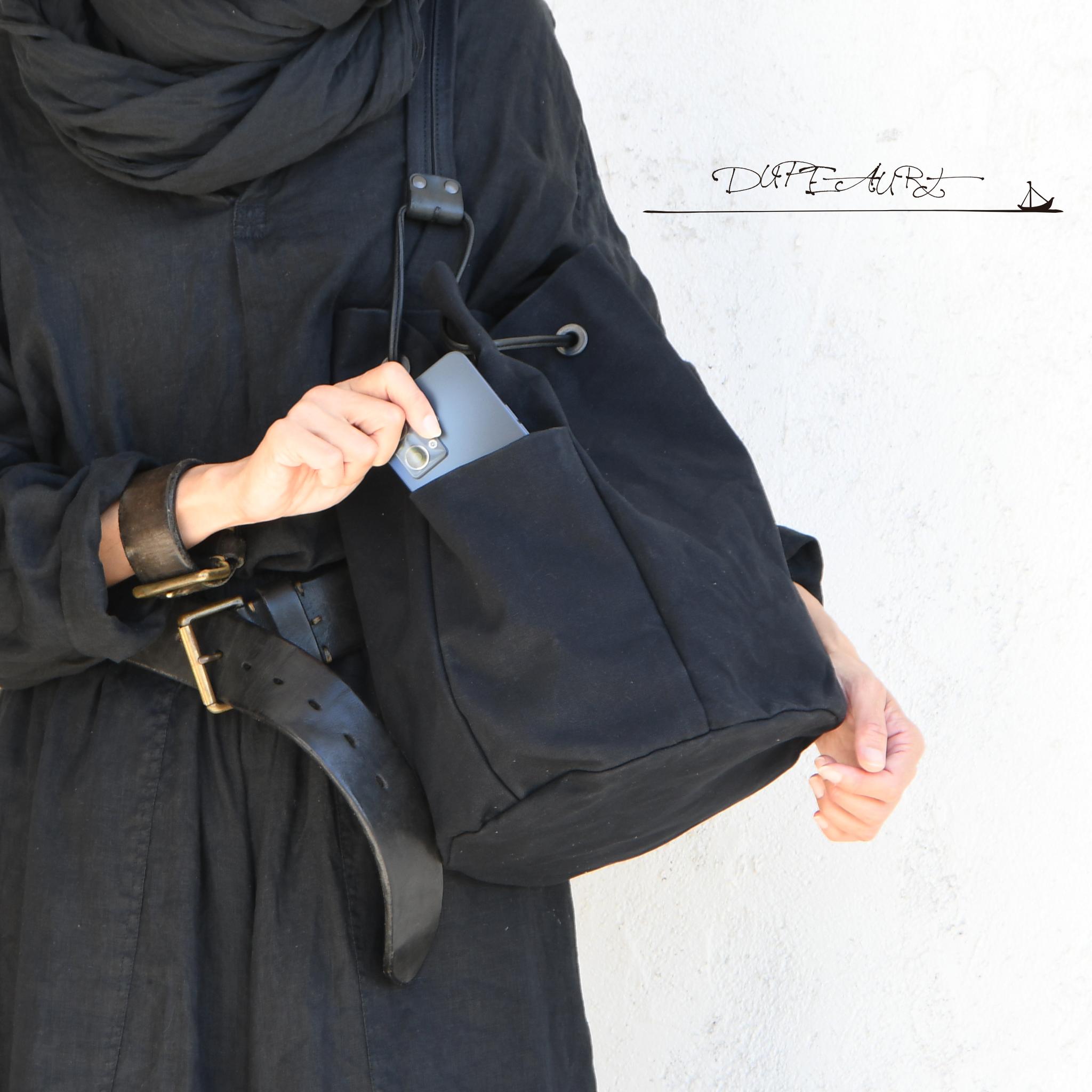 DUPEAURT/デュポー/巾着丸底2wayワンショルダーバッグ/本ヌメ革パーツ/パラフィン防水帆布/ブラック | 4枚目