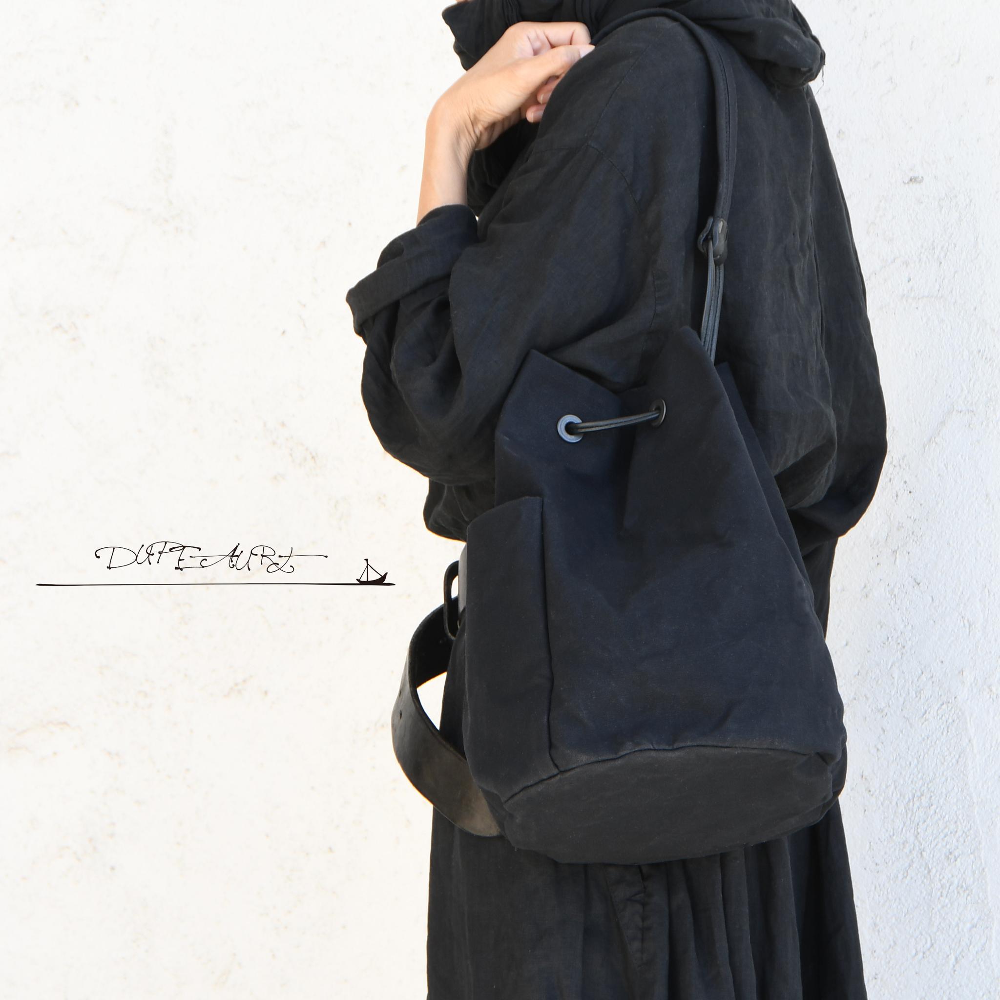 DUPEAURT/デュポー/巾着丸底2wayワンショルダーバッグ/本ヌメ革パーツ/パラフィン防水帆布/ブラック