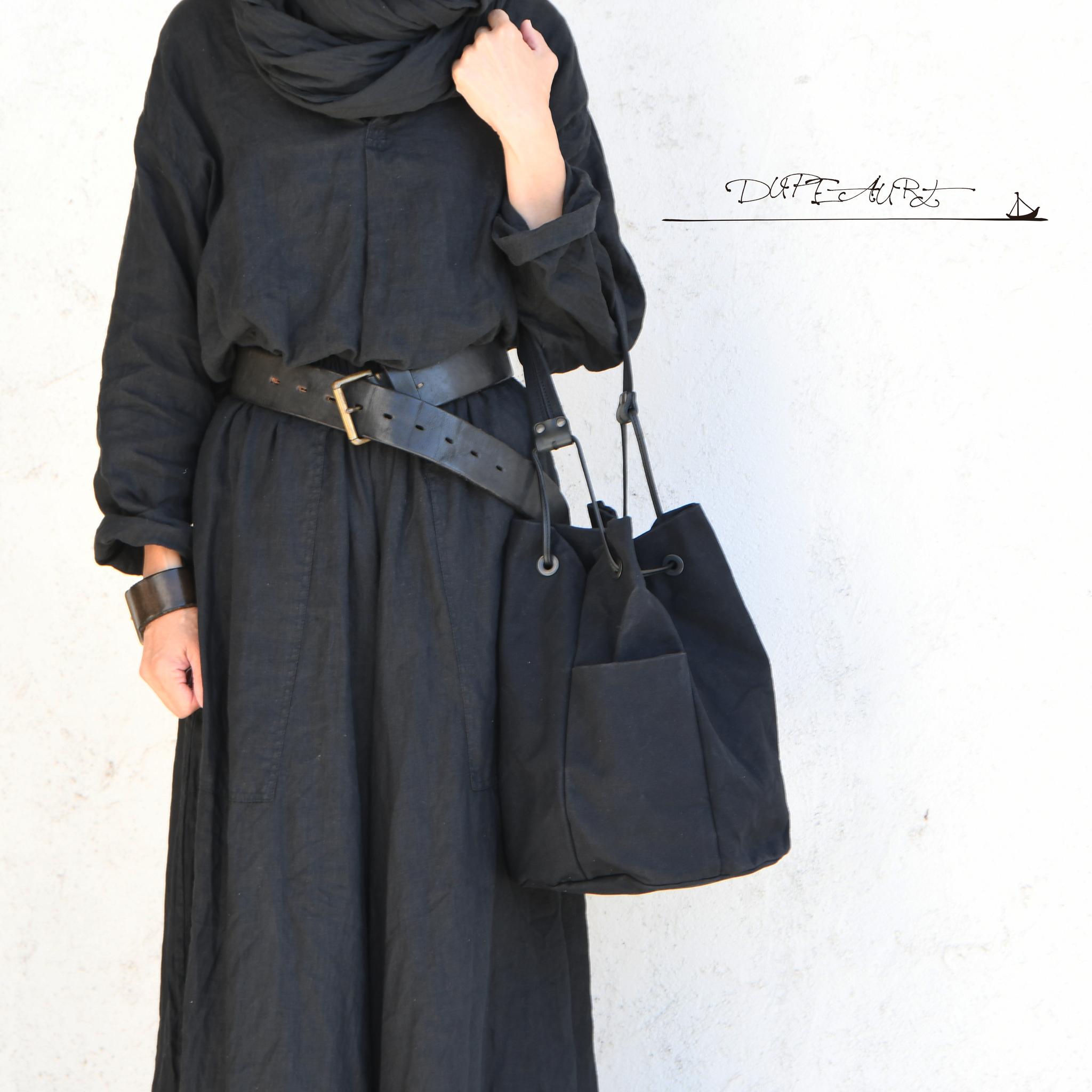 DUPEAURT/デュポー/巾着丸底2wayワンショルダーバッグ/本ヌメ革パーツ/パラフィン防水帆布/ブラック | 3枚目