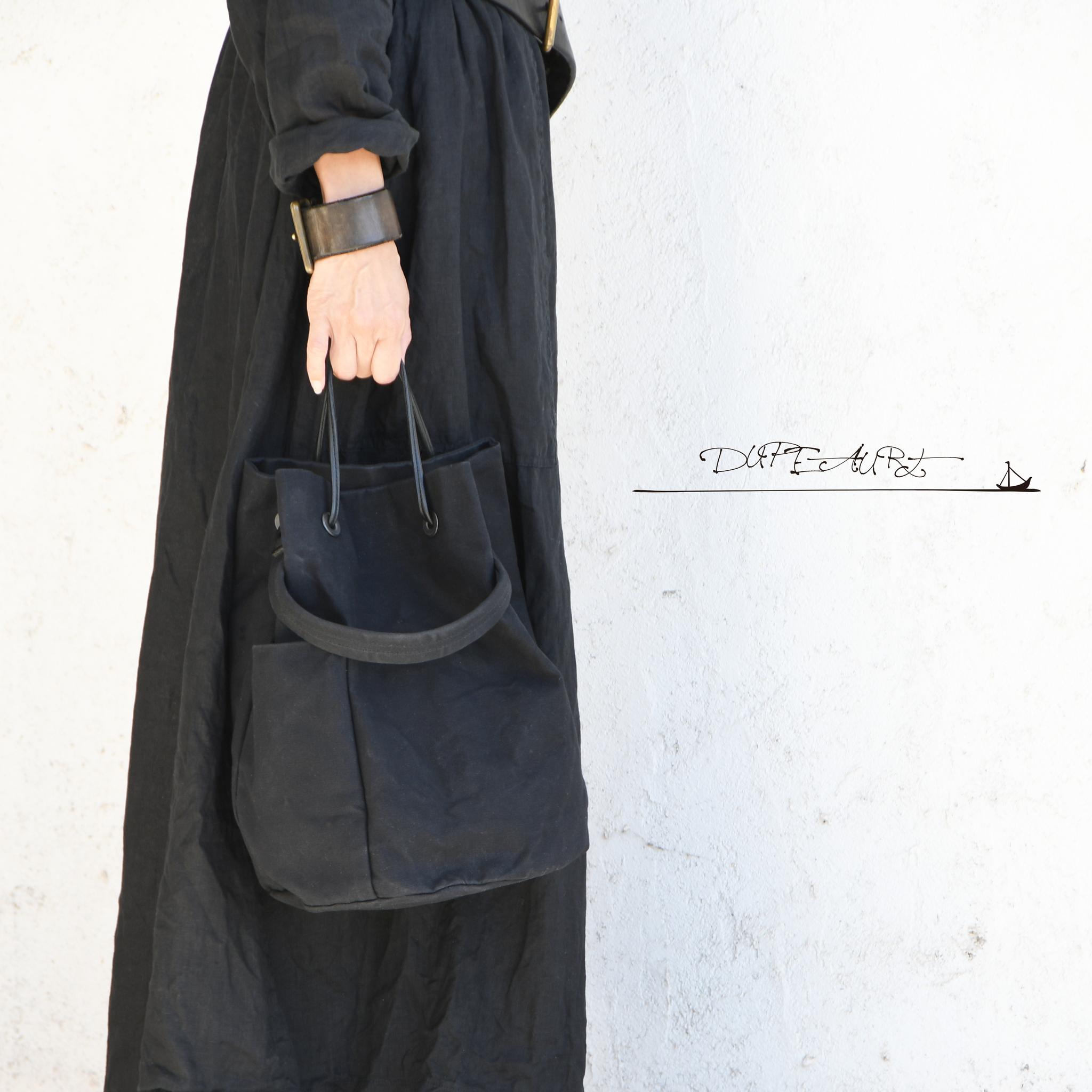 DUPEAURT/デュポー/巾着丸底2wayワンショルダーバッグ/本ヌメ革パーツ/パラフィン防水帆布/ブラック | 5枚目