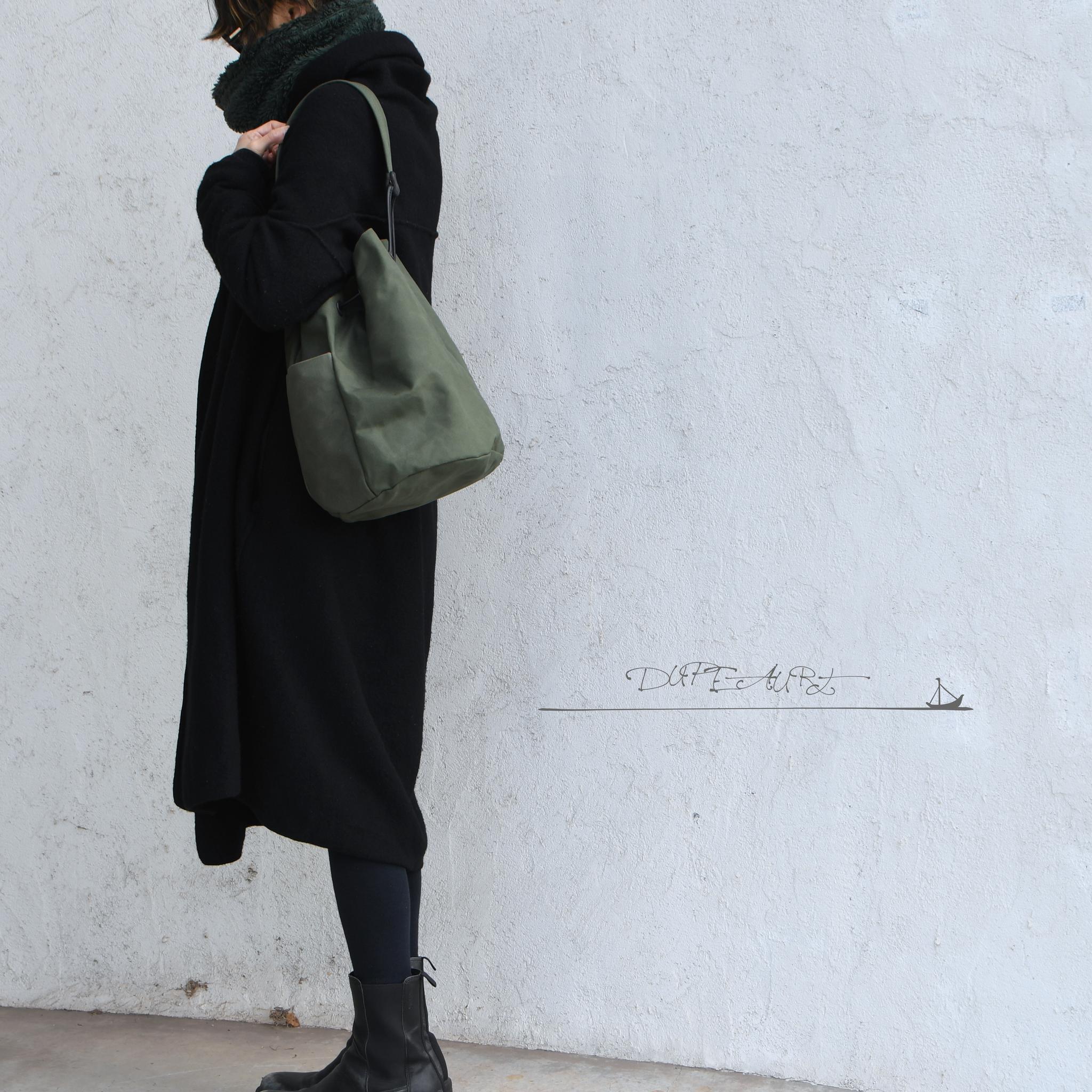 DUPEAURT/デュポー/巾着丸底2wayワンショルダーバッグ/本ヌメ革パーツ/パラフィン防水帆布/ミリタリー